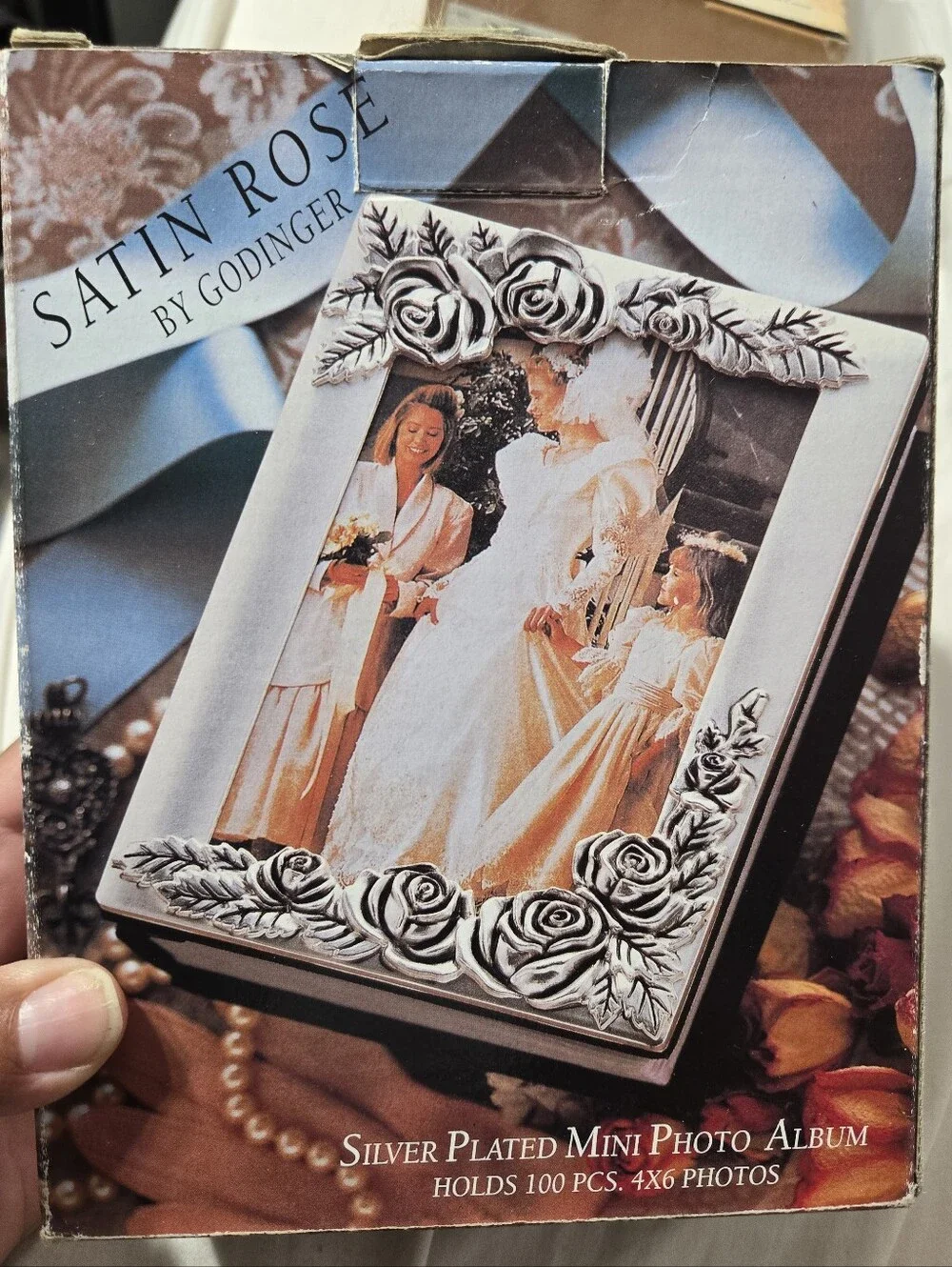 Vintage Godinger Satin Rose silver-plated mini photo album holds 100 4x6 NIB